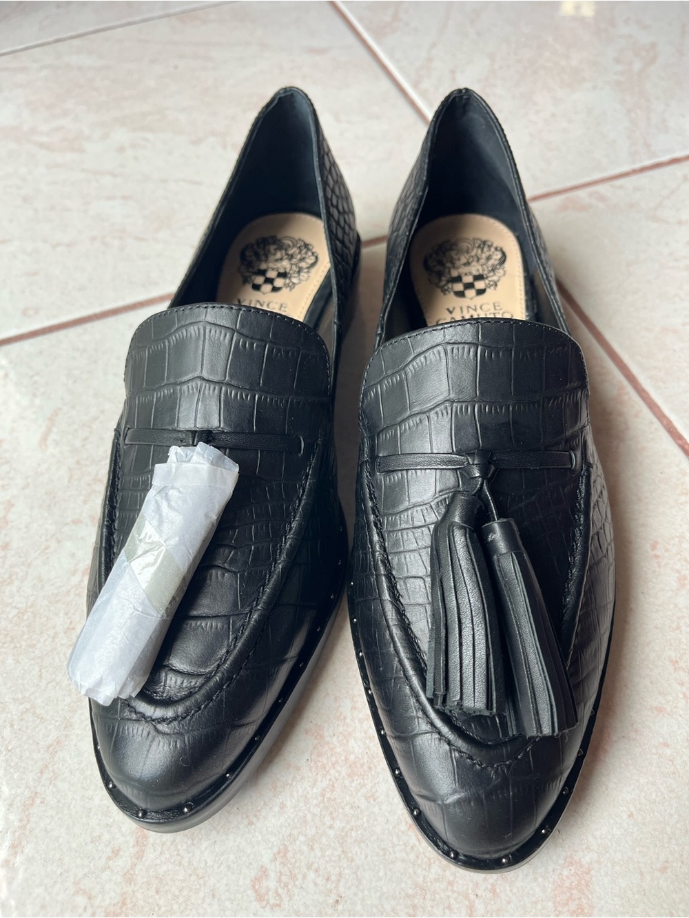 Vince Camuto Black Croc-Embossed Tassel Loafers